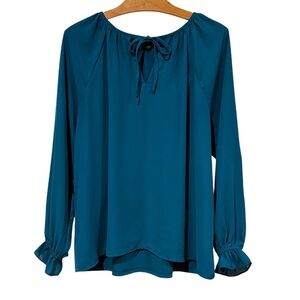 Ann Taylor Factory Large Teal Blouse Raglan Long Sleeves Tie Neck Turquoise